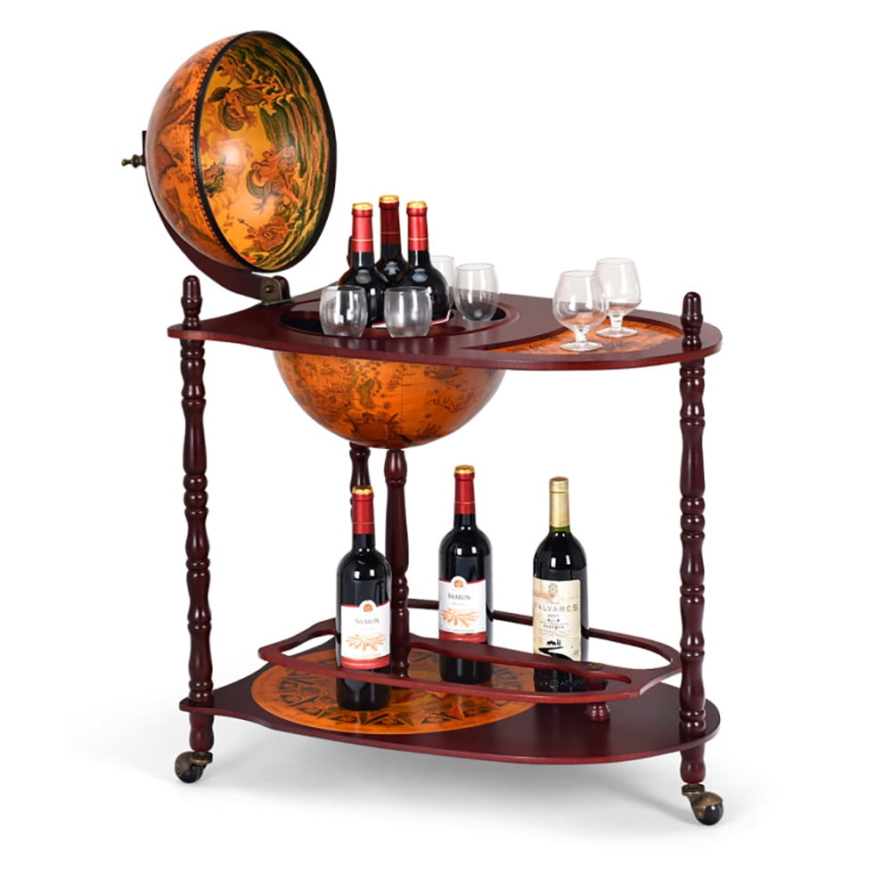 Vintage Globe Rolling Wine Bar Cart with Extra Shelf and Storage