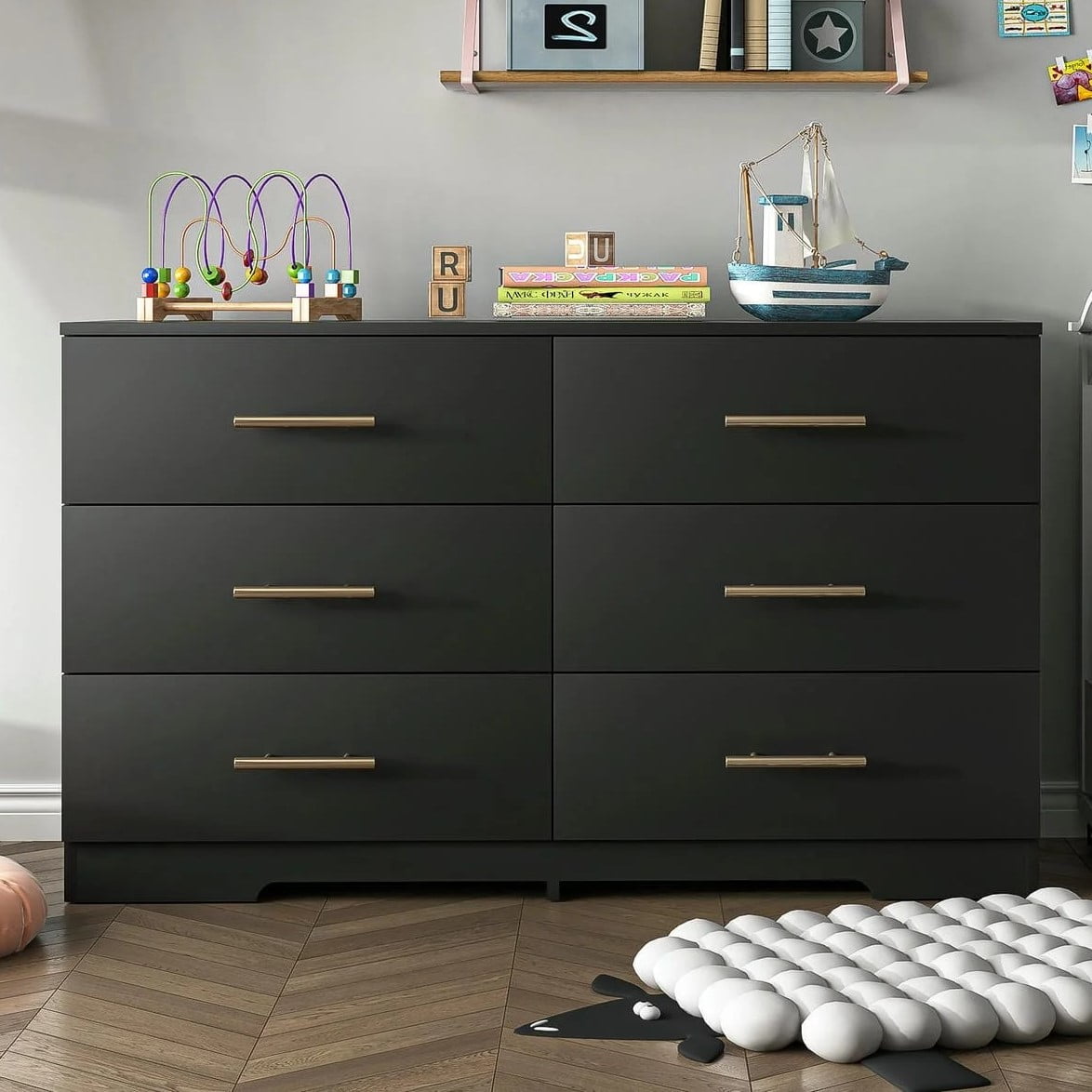 Spaco Vintage-Style 6 Drawer Double Dresser, Chest of Drawer Dressers Table, Black Storage Cabinet for Living Room, Bedroom, Black Spaco Vintage-Style 6 Drawer Double Dresser, Chest of Drawer Dressers Table, Black Storage Cabinet for Living Room, Bedroom, Black