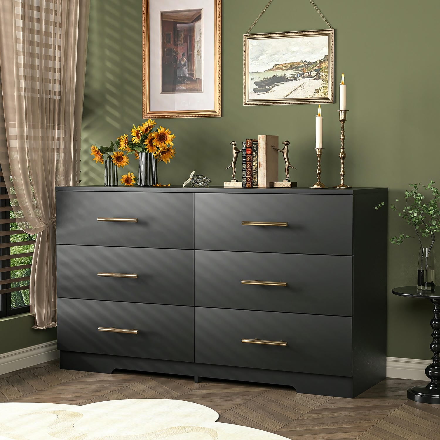 Spaco Vintage-style 6 Drawer Double Dresser For Bedroom, 47.24" D x 15.75" W x 29.53" H, Black Spaco Vintage-style 6 Drawer Double Dresser For Bedroom, 47.24" D x 15.75" W x 29.53" H, Black
