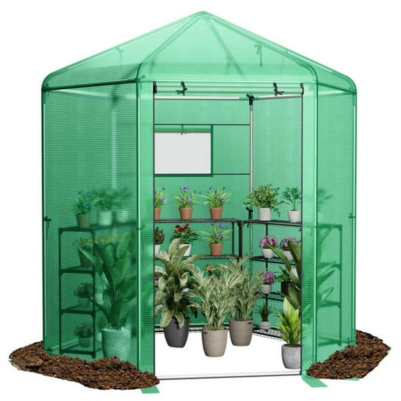 Spaco Walk-In Hexagonal Greenhouse with PE Cover and Metal Frame, Waterproof Greenhouse for Outdoor as Backyard, Garden, Patio, Lawn, Green