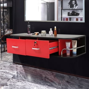 Spaco Wall Mounted Barber Station, Beauty Table with Locking Drawer, Beauty Spa Salon Styling Equipment, Black and Red, Makeup Vanity, Modern Makeup Vanity Desk