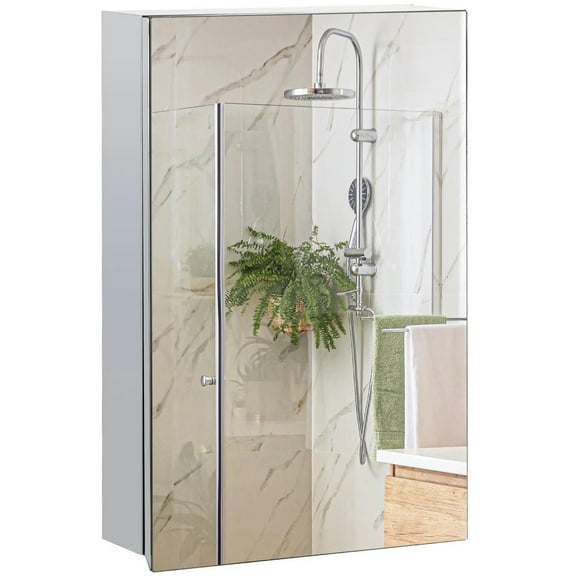 Spaco Wall Mounted Bathroom Medicine Cabinet, Mirrored Cabinet with Hinged Door 3 Tiers Storage Shelves, Silver