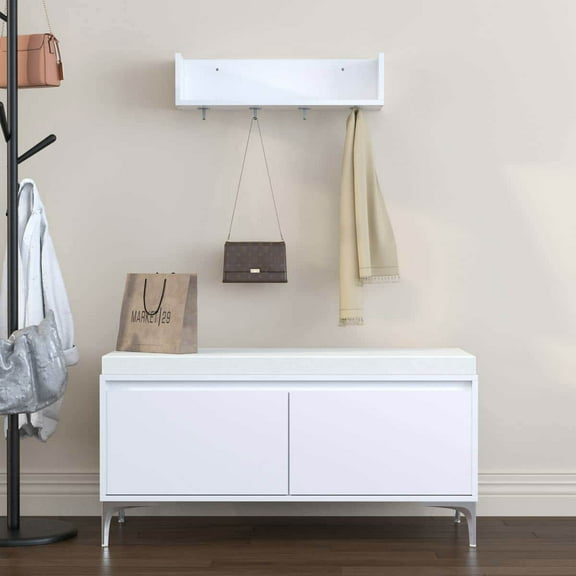 Spaco Wall-Mounted Entryway Shelf with Hooks and Storage Bench Set, Modern Shoe Cabinet with Cushion and Closed Storage for Indoor as Hallway, Bedroom, White