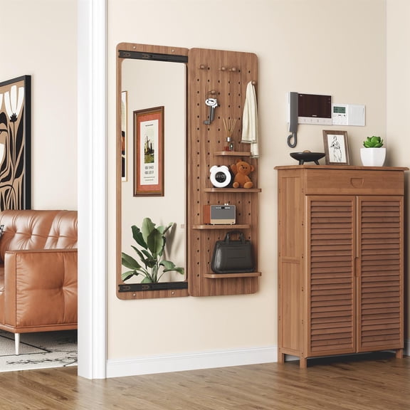 Spaco Wall Mounted Full Length Mirror, Built-In Shelf & Hook, Rubber Wood Frame, Multifunctional, Walnut