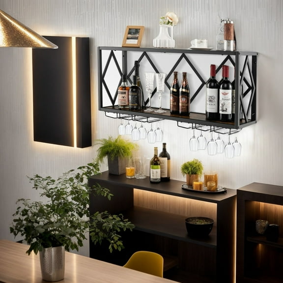 Spaco Wall Mounted Wine Rack for 39 Bottles and 12 Glasses, Bar Cabinet, Freestanding Floor Wine Holder
