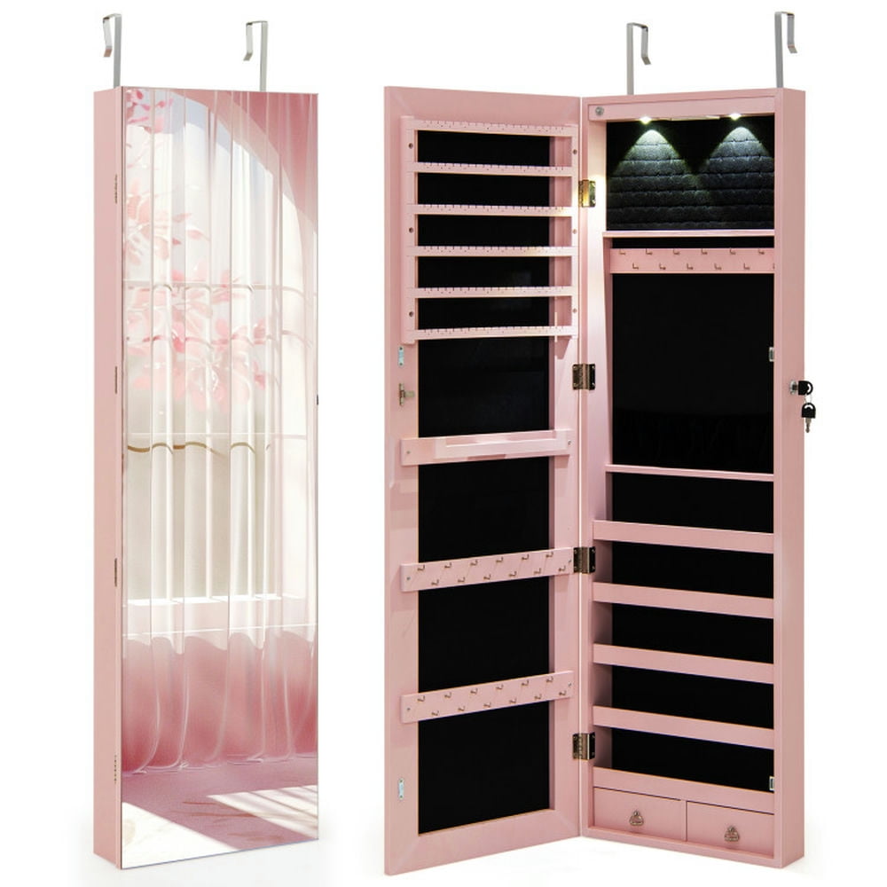 Spaco Wall and Door Mounted Mirrored Jewelry Cabinet with Lights-Pink, Lockable Jewelry Cabinet Hanging Jewelry Organizer Spaco Wall and Door Mounted Mirrored Jewelry Cabinet with Lights-Pink, Lockable Jewelry Cabinet Hanging Jewelry Organizer