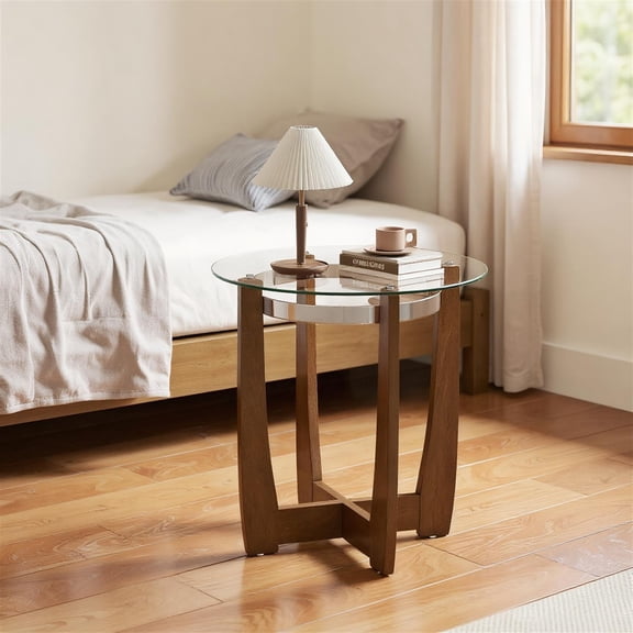 Spaco Walnut 24 Inches Round Side Table, Tempered Glass Top & Solid Rubber Wood Base, Stylish Accent Table with Anti-Slip Design for Office & Living Room