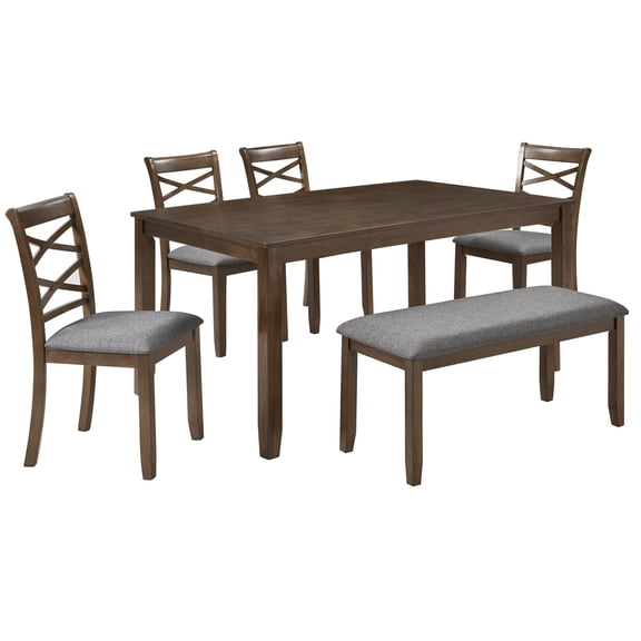Spaco Walnut 6-Piece Dining Set - Rectangular Wooden Table, 4 Chairs & Bench (Seats 6)