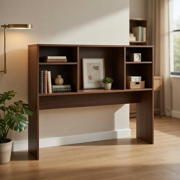 Spaco Walnut Computer Desktop Bookcase with 4 Cubbies & Open Back Compartment, Under-Desk Storage for Home Office