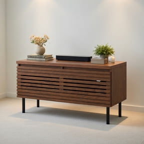 Spaco Walnut Mid Century Fluted TV Stand for 40" TV, 2 Hidden Compartments & Metal Legs, Compact Retro Media Console for Living Room & Bedroom