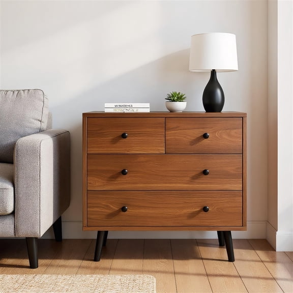 Spaco Walnut Wide Wooden 4-Drawer Dresser, Smooth Gliding Rails & Anti-Tip Design, Multi-Use Storage for Bedroom & Living Room