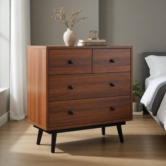 Spaco Walnut Wide Wooden 4-Drawer Dresser, Smooth Gliding Rails & Anti-Tip Design, Multi-Use Storage for Bedroom & Living Room