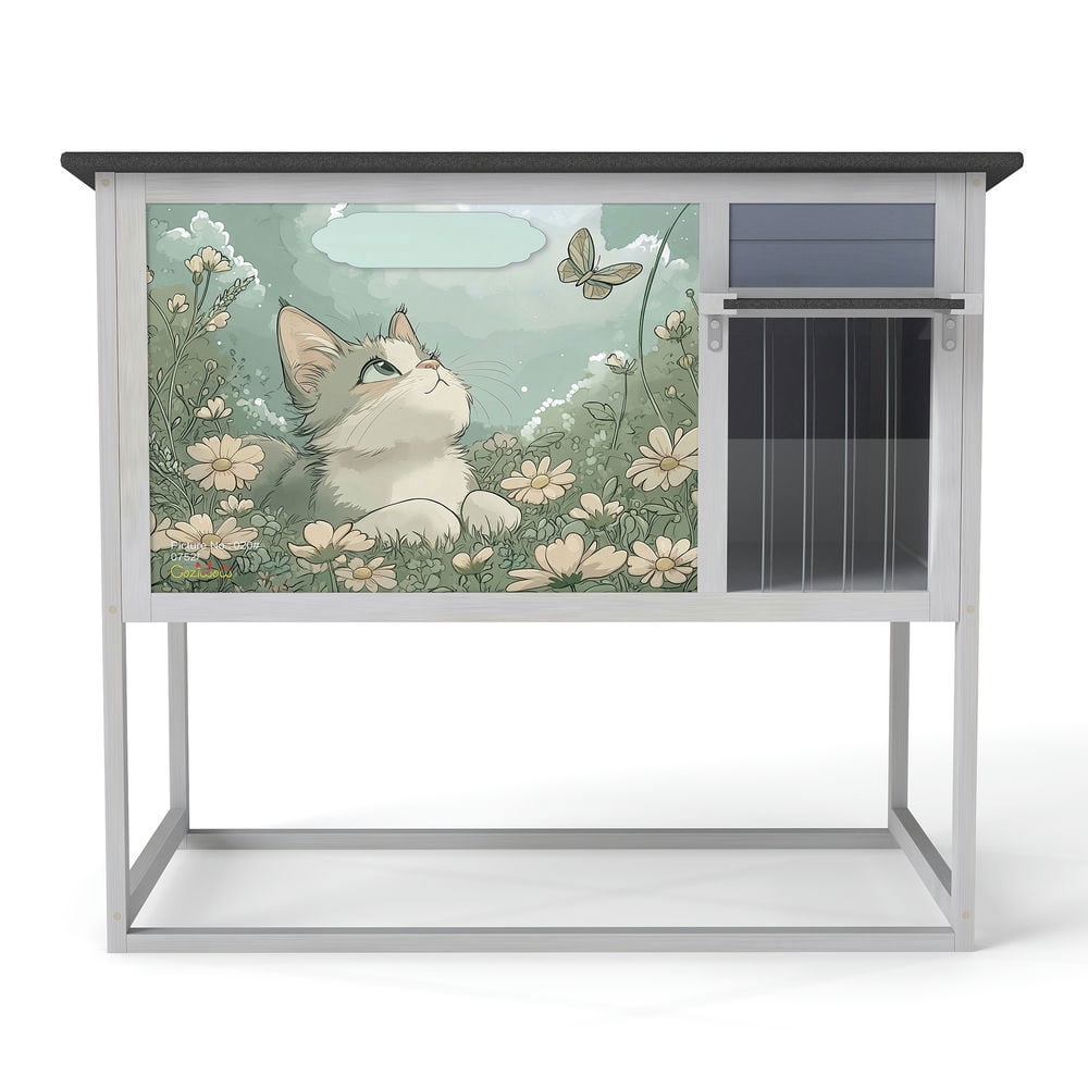 Spaco Weatherproof Outdoor Cat House, Tall Outdoor Cat Nest, Elevated Feral Cat Shelter with High Legs and Curtained Door, Escape Door, Openable Top, Gray