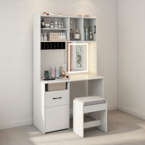 Spaco White 67 Inch Tall Vanity Set with Lighted Mirror, Charging Station & Jewelry Storage Makeup Table