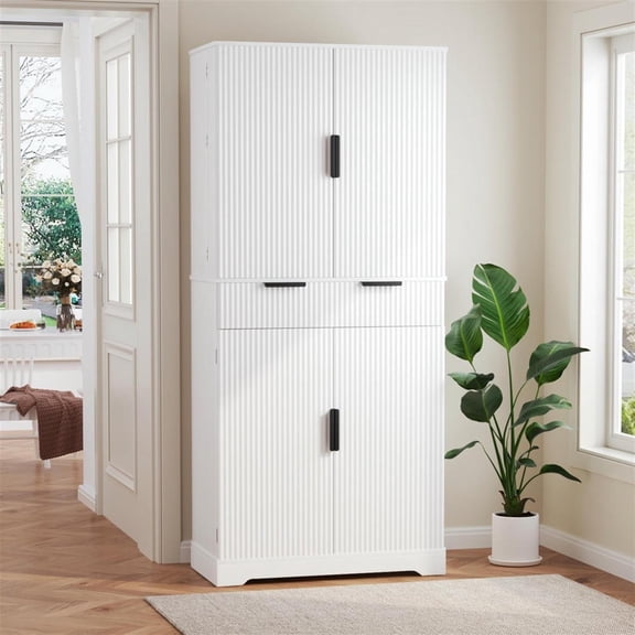 Spaco White 72" Fluted Storage Pantry - 3 Keyboard Drawers & 6 Door Shelves, Versatile Freestanding Cabinet