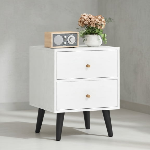 Spaco White + Black Mid Century Modern Nightstand, 2 Drawers with Gold Knobs & Elevated Support Legs