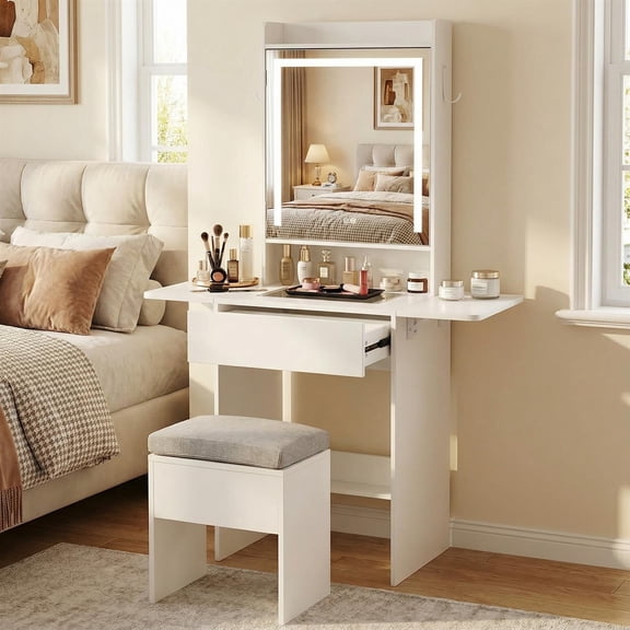 Spaco White Compact Vanity Desk with LED Lighted Mirror, Foldable Makeup Station with Storage for Bedroom