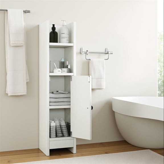 Spaco White Slim Bathroom Corner Cabinet, 1 Door & Adjustable Shelves with Non-Slip Feet