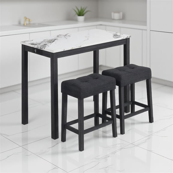 Spaco White and Gray 3-Piece Bar Table Set with Charging Station & Faux Marble Top, Modern Counter Height Set for Kitchen Island Home Bar