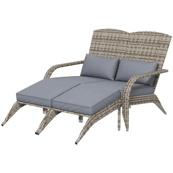 Spaco Wicker Adirondack Chair for 2 with Cushions & Footrests, PE Rattan Double Chaise Lounge Chair, Fire Pit Chair with High-Back and Wide Armrests for Outdoor as Backyard, Lawn, Garden, Gray