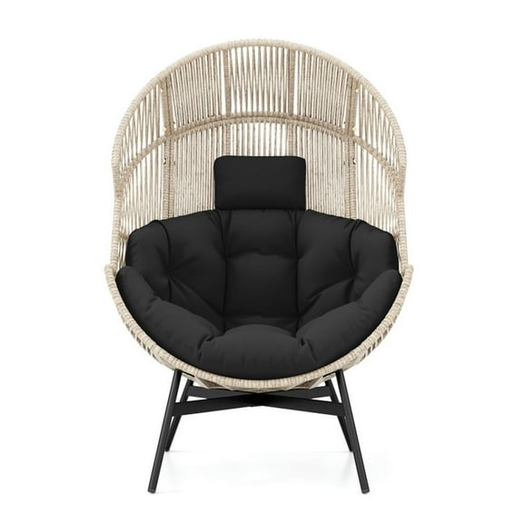 Spaco Wicker Oversized Egg Style Chair with Two 12" Extra-Thick Cushions, Egg Chair with Cushions and Headrest, Versatile Egg Lounge Chair for Porch, Yard, Garden, Black