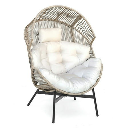 Spaco Wicker Oversized Egg Style Chair with Two 12" Extra-Thick Cushions, Egg Chair with Cushions and Headrest, Versatile Egg Lounge Chair for Porch, Yard, Garden, Off White