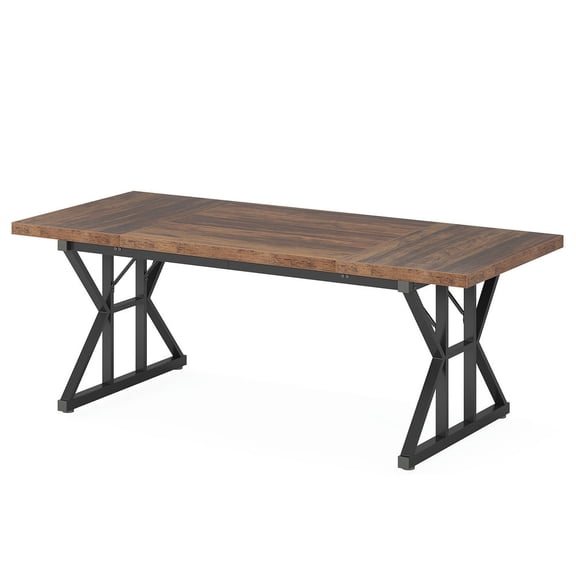 Spaco Wood Dining Table, Farmhouse 70.8" Kitchen Table for 6 People, Dining Table for Indoor as Living Room, Kitchen, Light Walnut & Black