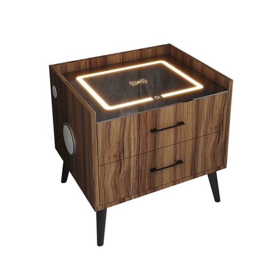 Spaco Wood LED Nightstand, Smart Nightstand Multifunctional Wireless Charging Station and LED Lights with USB, Wireless Charging Port and Bluetooth Speaker Side Table (Wood Color)