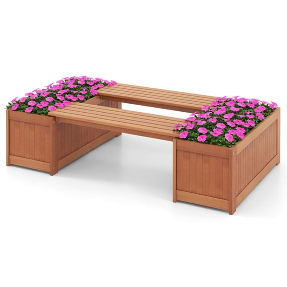 Spaco Wood Planter Box with Bench, Horticulture Outdoor Plant Container Garden Bed for Patio, Lawn, Yard, Balcony, Brown