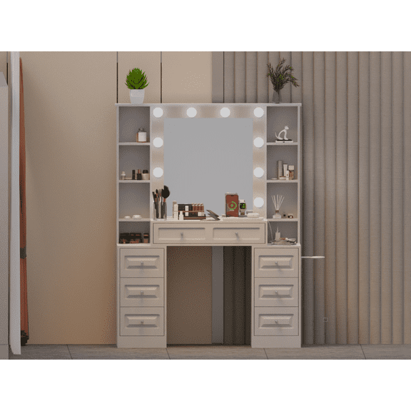 Spaco Wood Vanity Desk - Lighted Mirror, Charging Station & Multiple Storage Drawers