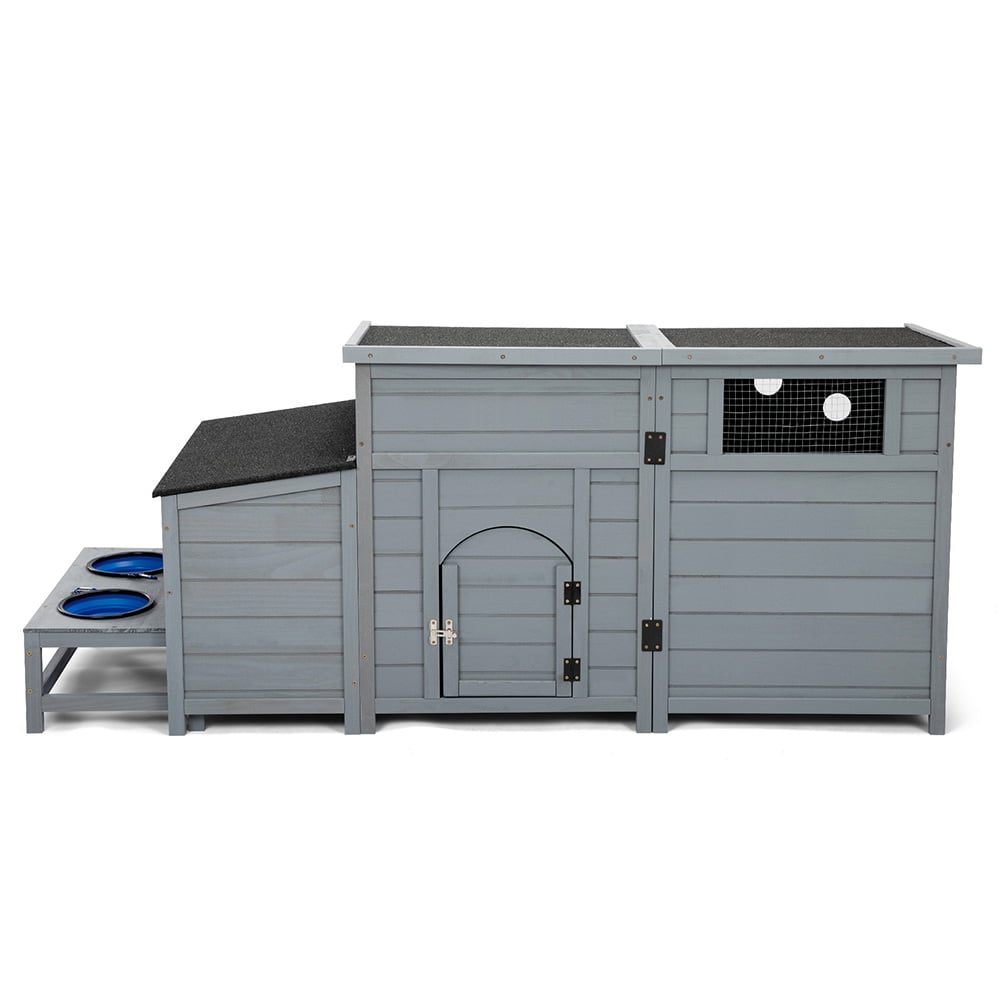 Spaco Wooden Dog House with Storage Box, Openable Roof, Outdoor Dog Kennel with Food Bowls, Dog Pet Playpen Cage, Gray