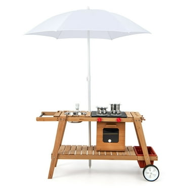 Spaco Wooden Kids Play Cart, Kids Cart with Sun Proof Umbrella for Toddlers Over 3 Years Old, Kids Play Equipment for Outdoor, Brown