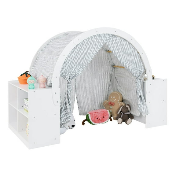 Spaco Wooden Kids Play Tent with Curtain Shades and 8 Cubbies, Play Tent, White