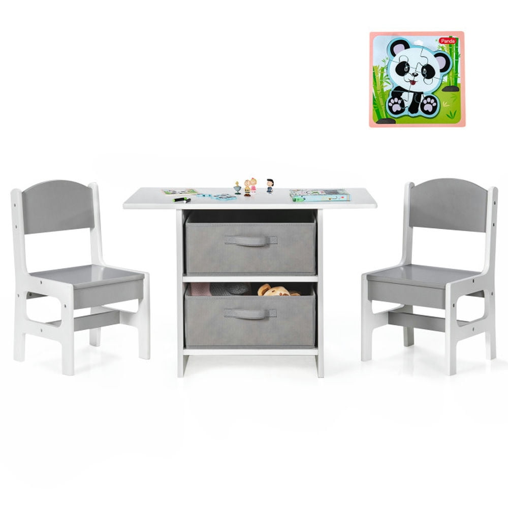 Spaco Wooden Kids Table and Chairs with Storage Baskets Puzzle, Toddler Table and Chair Set for Arts & Crafts, Snack Time, Homeschooling, Homework