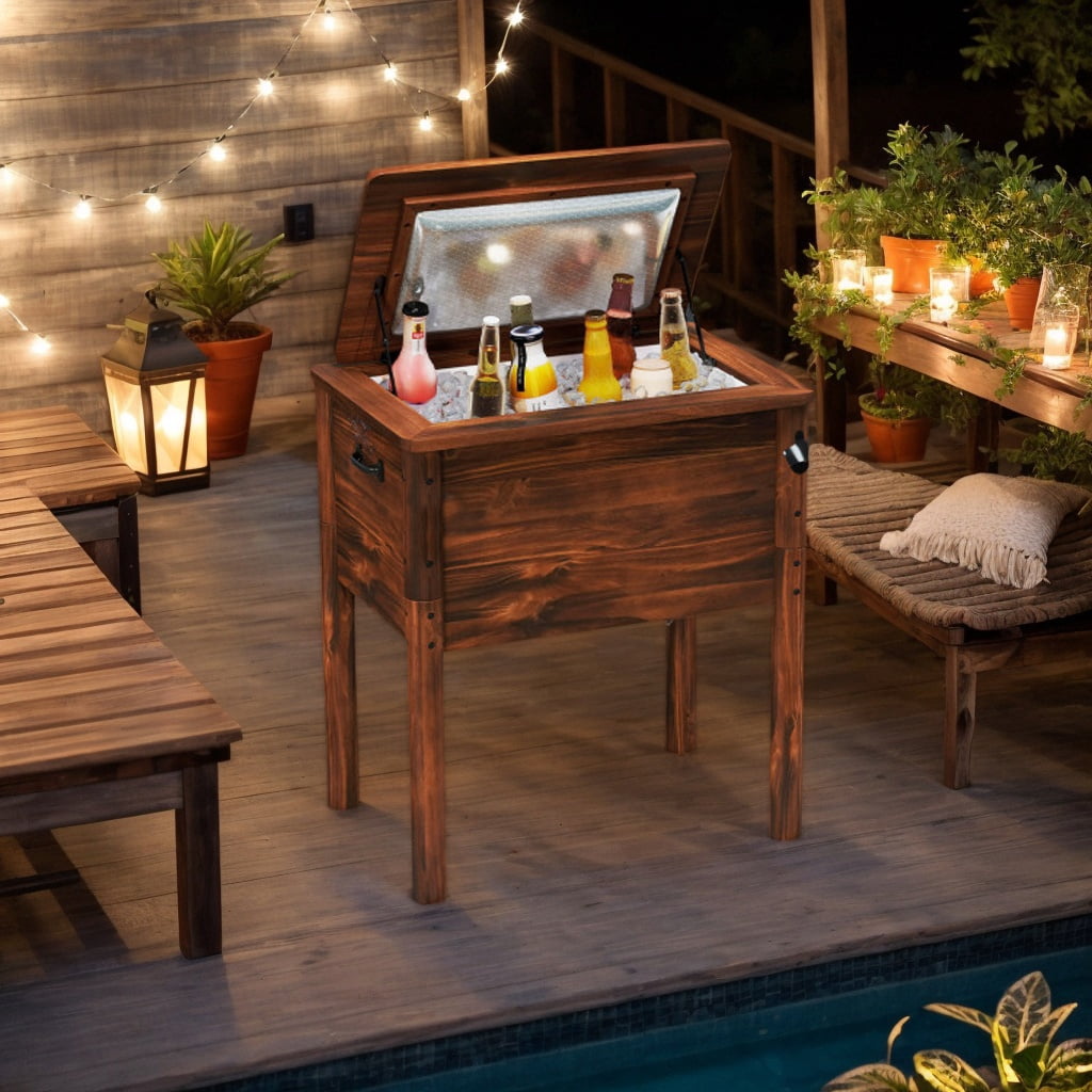 Spaco Wooden Patio Cooler with 3 Handles and Bottle Opener, Camping Cooler for Patio, Garden, Backyard, Brown