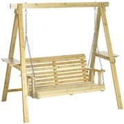 Spaco Wooden Patio Swing Chair, 2-Seat Swing Bench with Side Tables, Metal Chain Outdoor Swing for Outdoor, Natural