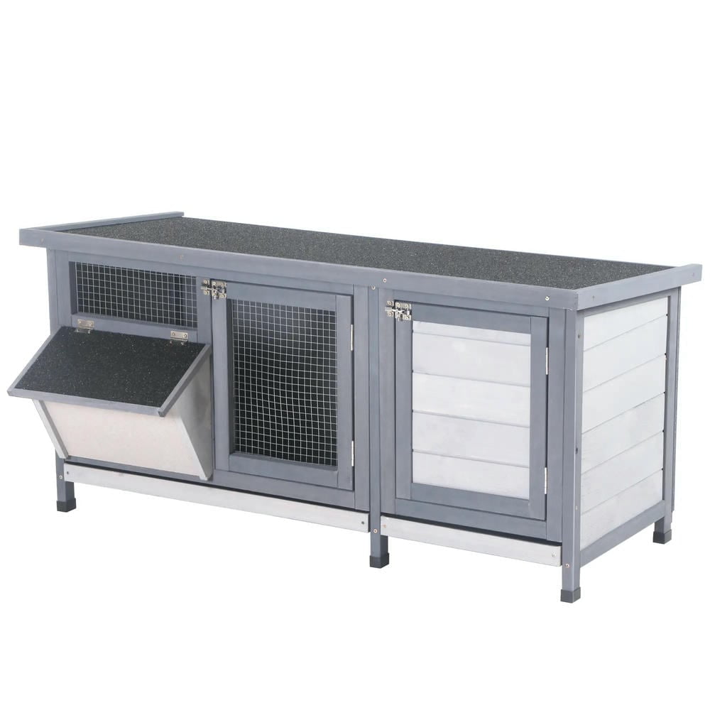 Spaco Wooden Rabbit Hutch Bunny Hutch Cage Guinea Pig with Waterproof Roof, No Leak Tray and Feeding Trough, Gray