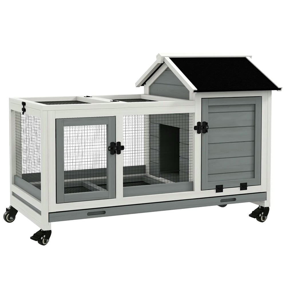 Spaco Wooden Rabbit Hutch with Wheels, Run, Slide-out Tray, Rabbit Hutch for Small Animals, Guinea Pig, Gray
