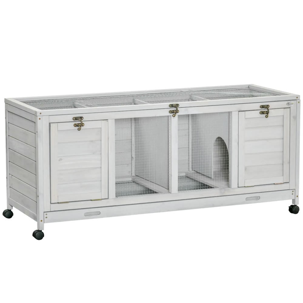 Spaco Wooden Rabbit Hutch with Wheels and Removable Tray, Dividers for Indoor Use, Light Gray