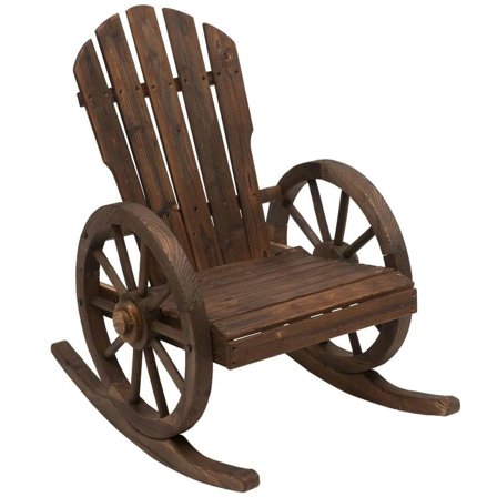 Spaco Wooden Rocking Chair, Adirondack Rocker Chair withSlatted Design and Oversized Back, Rocking Chair with Wagon Wheel Armrest for Outdoor, Brown