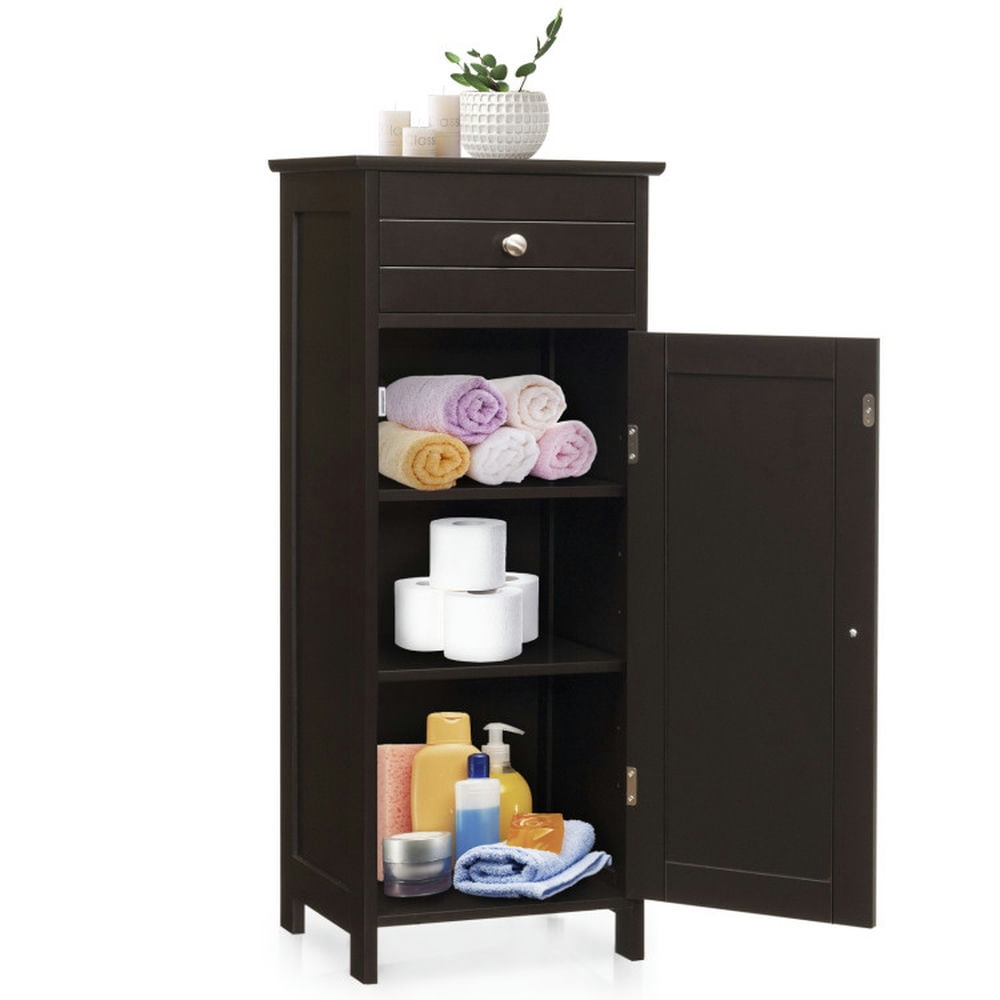 Spaco Wooden Storage Free-Standing Floor Cabinet with Drawer and Shelf-Brown, Bathroom Storage ...