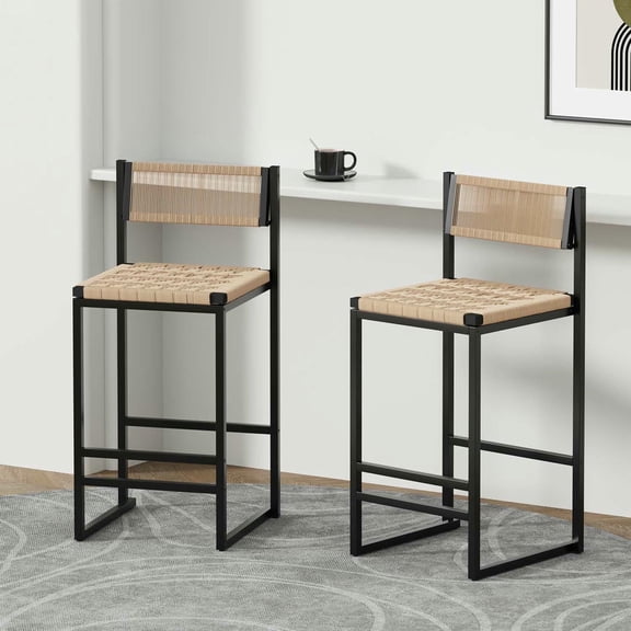 Spaco Woven Bar Stools Set of 2, Counter Height Barstools Bar Stools with Backrest, Paper Rope Weave Dining Chairs for Kitchen Island, Off-White