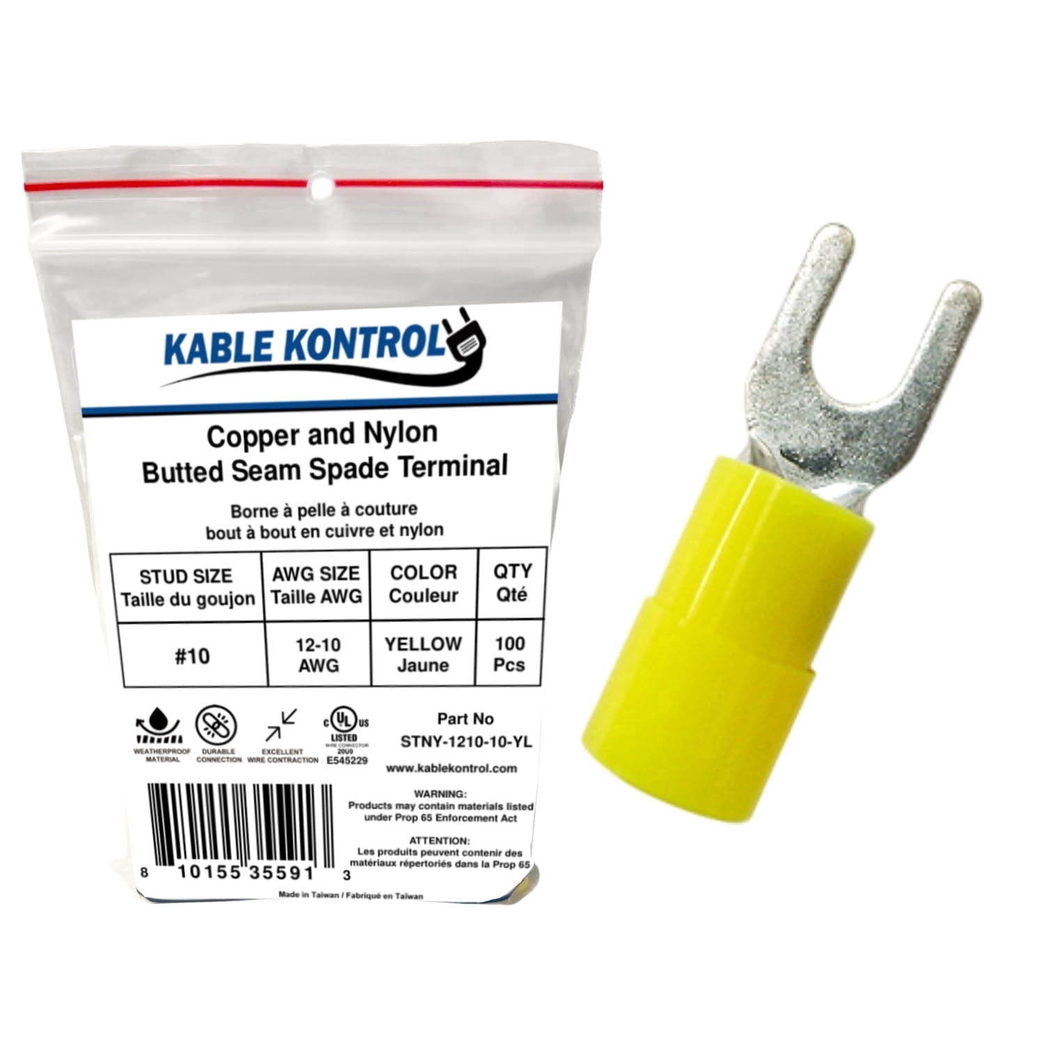 Spade Connector - Electrical Wire Terminal - Male - Nylon Insulated - 12-10 AWG - Stud Size # 10 - Yellow - 100 Pcs
