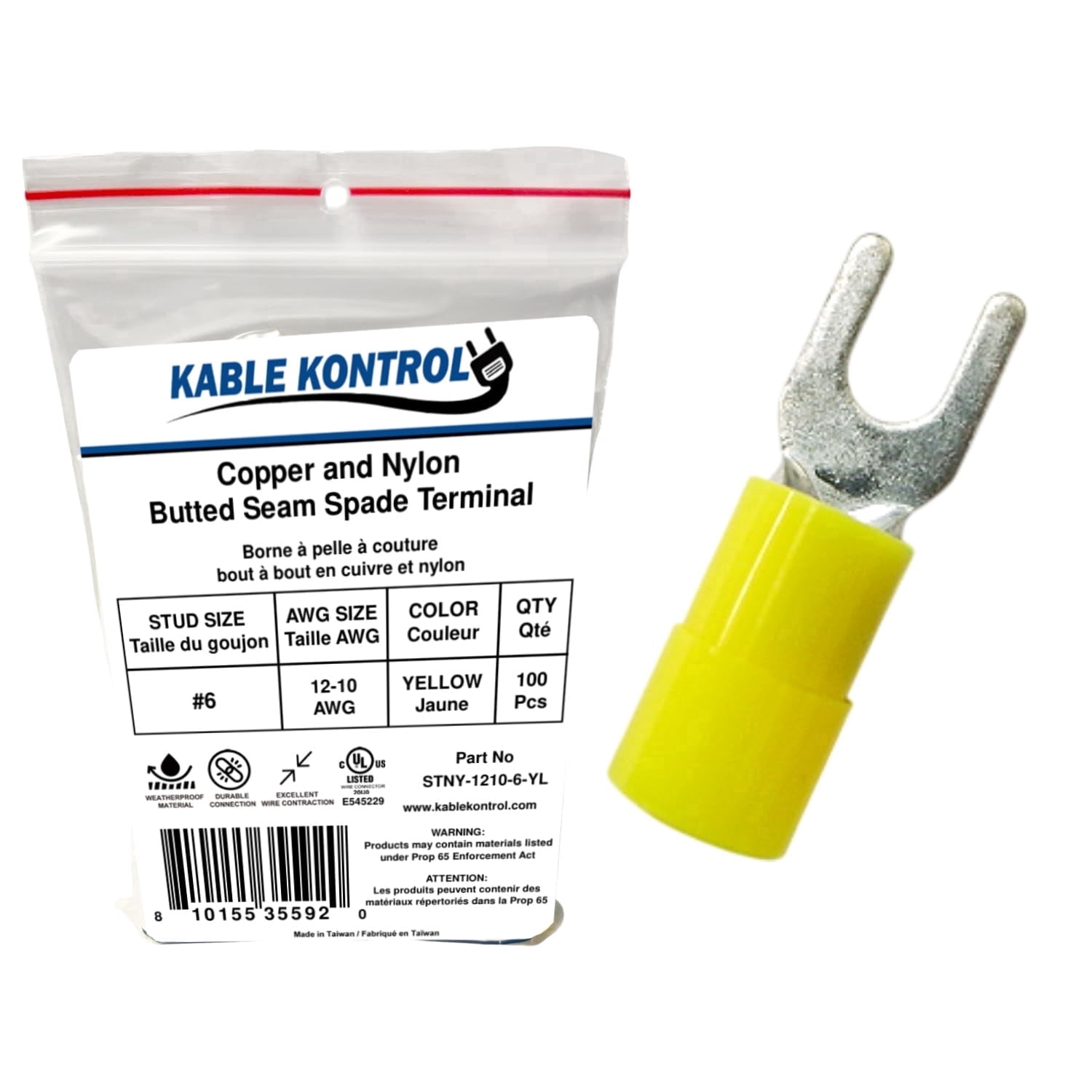 Spade Connector - Electrical Wire Terminal - Male - Nylon Insulated - 12-10 AWG - Stud Size # 6 - Yellow - 100 Pcs