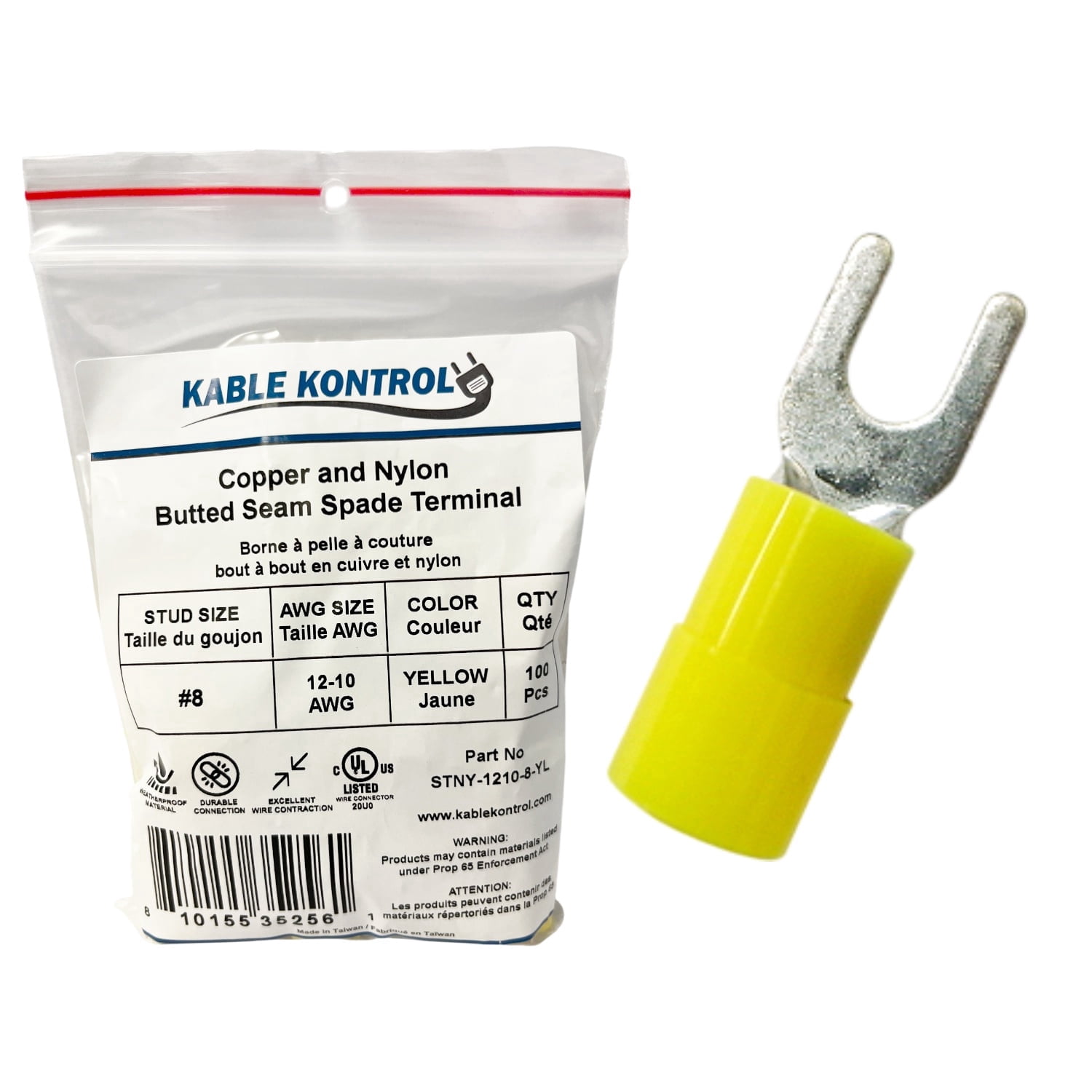 Spade Connector - Electrical Wire Terminal - Male - Nylon Insulated - 12-10 AWG - Stud Size # 8 - Yellow - 100 Pcs