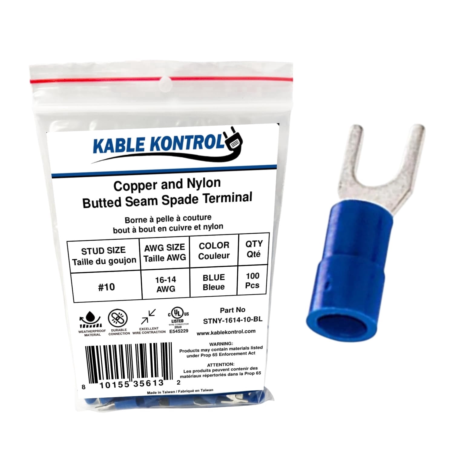 Spade Connector - Electrical Wire Terminal - Male - Nylon Insulated - 16-14 AWG - Stud Size # 10 - Blue - 100 Pcs