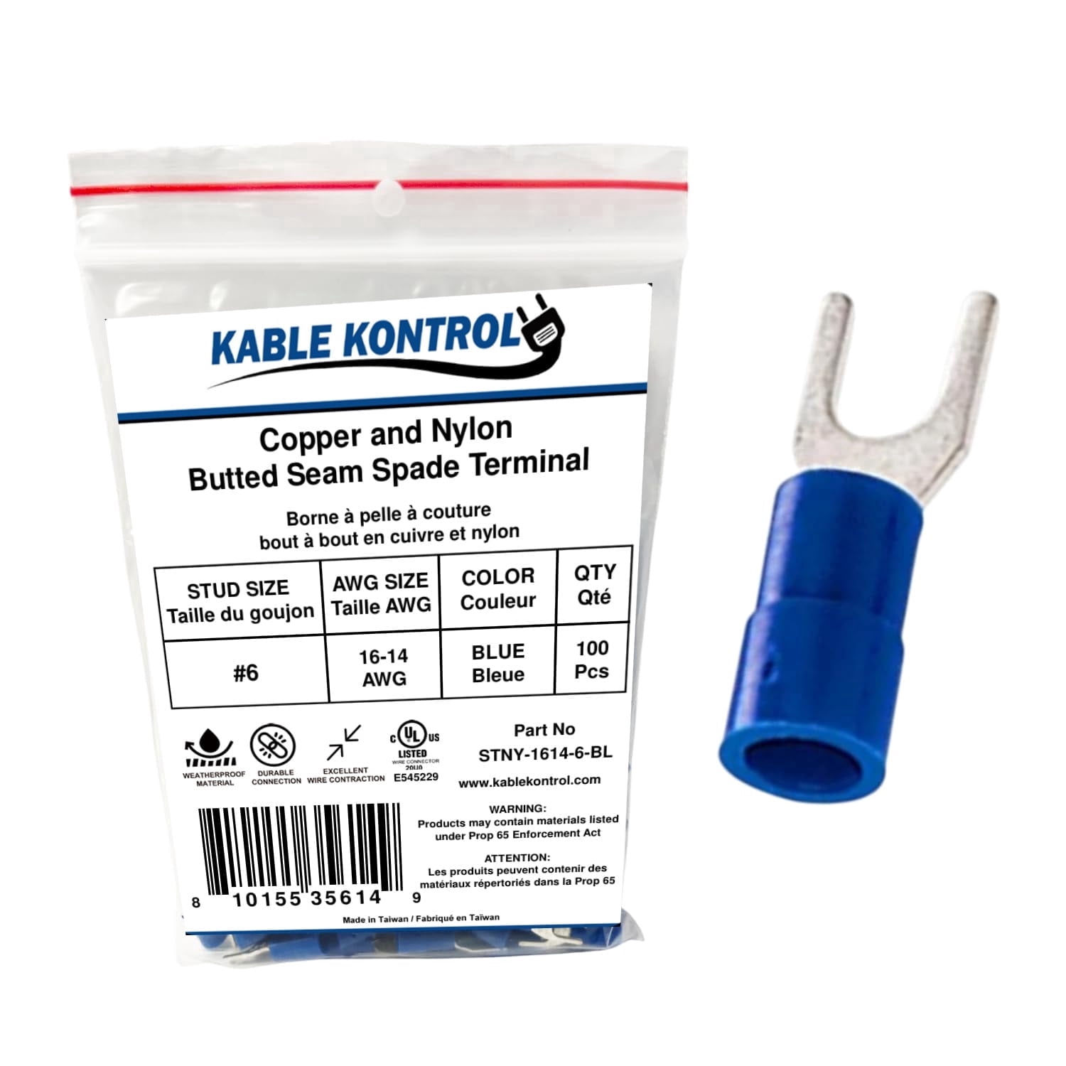 Spade Connector - Electrical Wire Terminal - Male - Nylon Insulated - 16-14 AWG - Stud Size # 6 - Blue - 100 Pcs