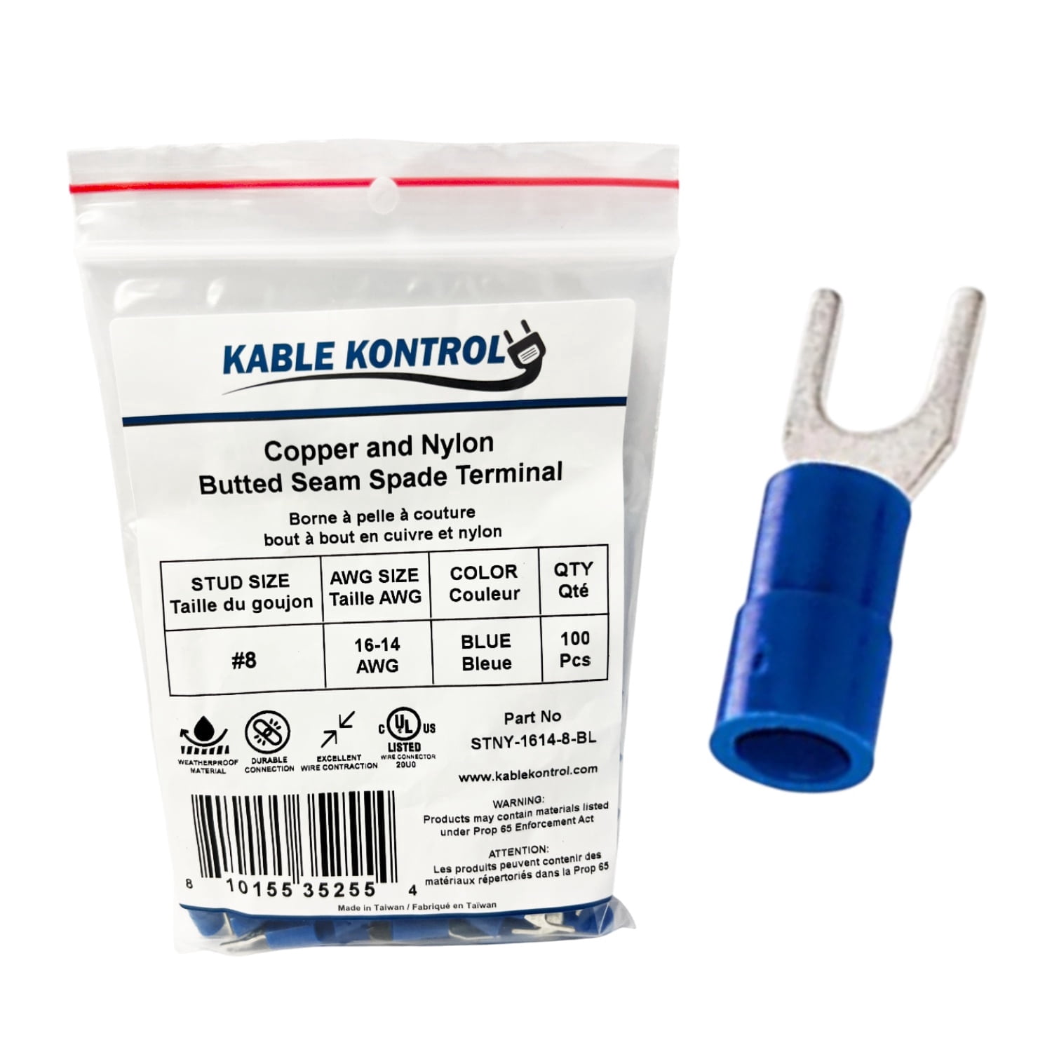 Spade Connector - Electrical Wire Terminal - Male - Nylon Insulated - 16-14 AWG - Stud Size # 8 - Blue - 100 Pcs
