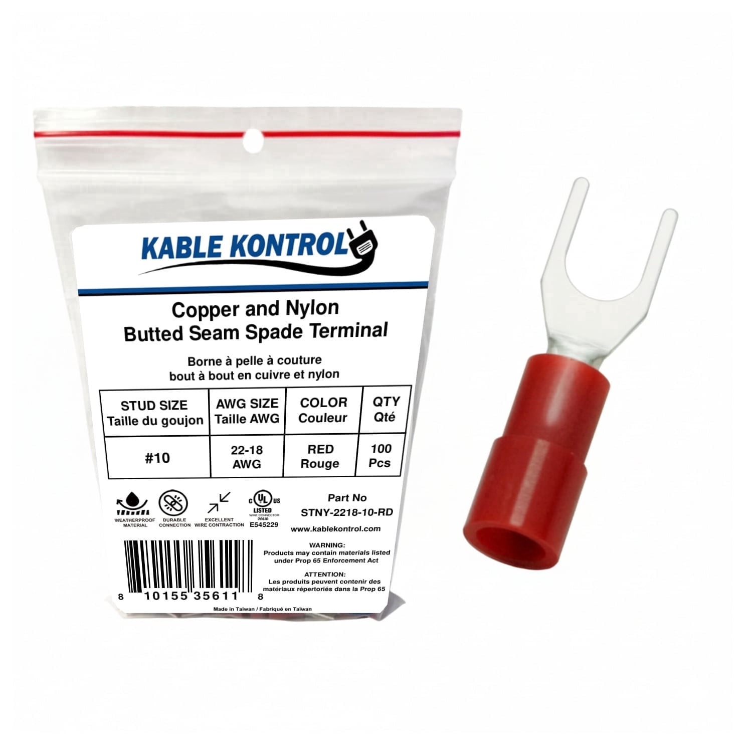 Spade Connector - Electrical Wire Terminal - Male - Nylon Insulated - 22-18 AWG - Stud Size # 10 - Red - 100 Pcs
