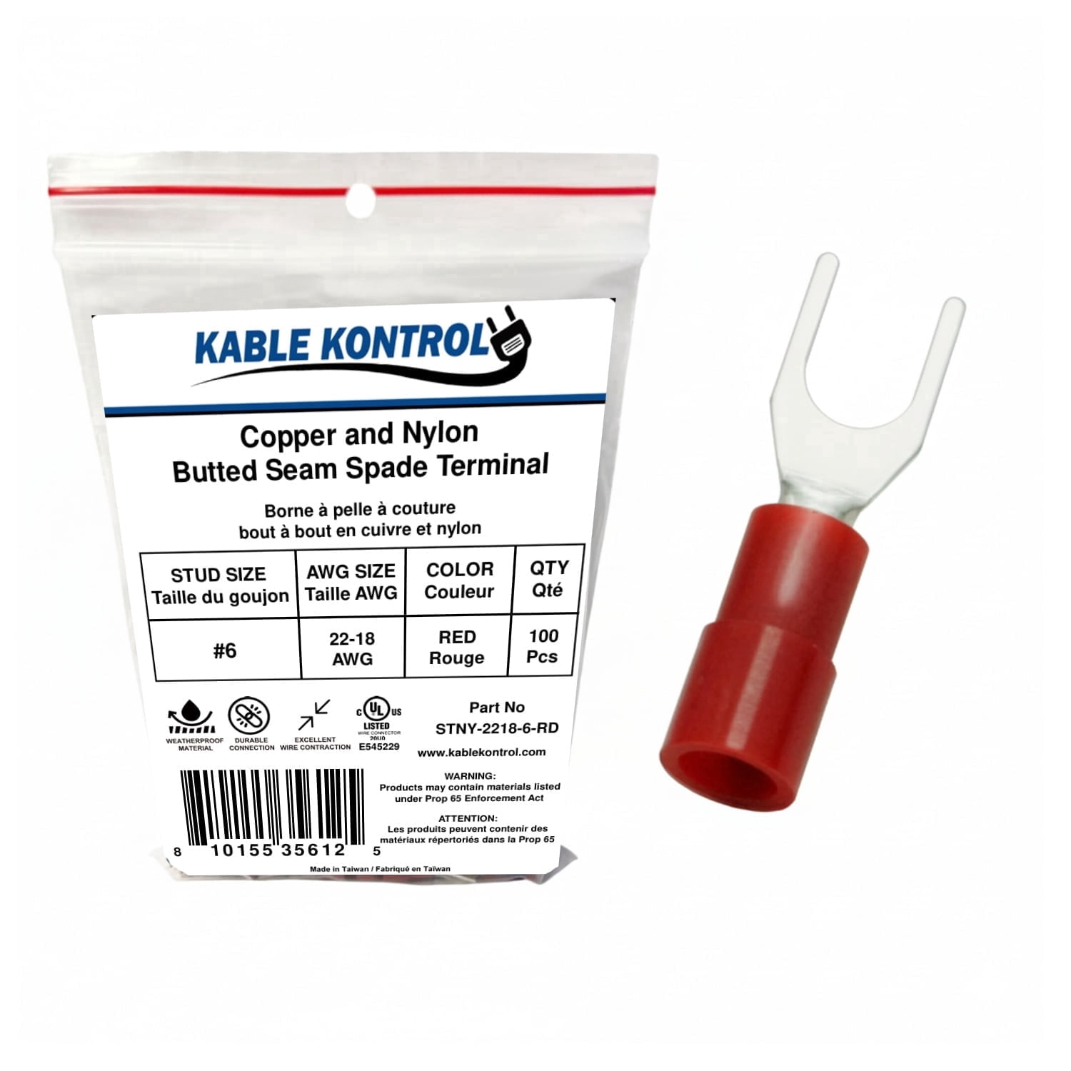 Spade Connector - Electrical Wire Terminal - Male - Nylon Insulated - 22-18 AWG - Stud Size # 6 - Red - 100 Pcs